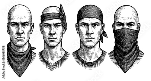 Engraved Illustration of Four Bald Men with Bandanas in Different Styles and Front View