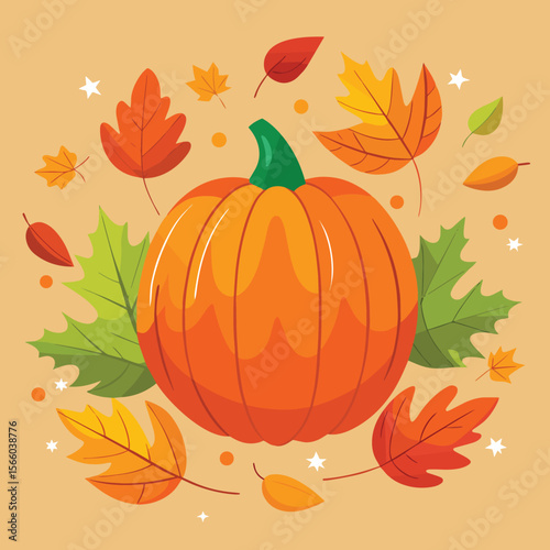 Autumn Pumpkin Harvest: A vibrant illustration of a plump orange pumpkin surrounded by autumn leaves, perfect for fall celebrations and Thanksgiving.