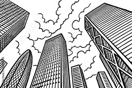Low Angle View of Skyscrapers with Cloud in Black and White Line Art