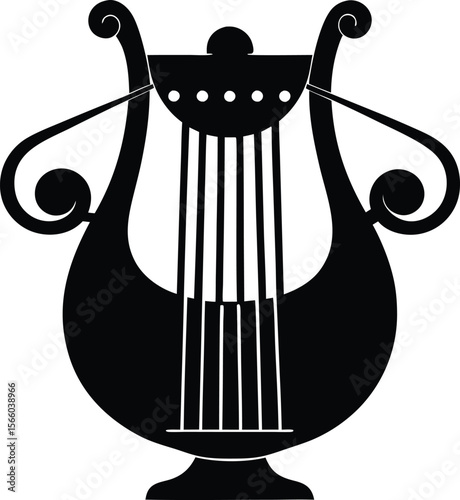 Stylish black and white lyre logo design. Harp of Orpheus silhouette vector illustration. Elegant Black and White Line Art of a Lyre