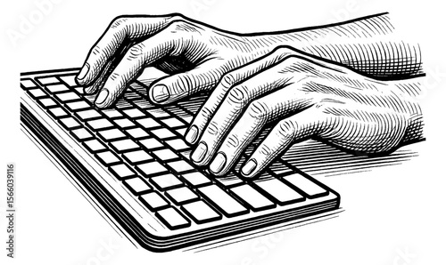 Hands typing on a keyboard in detailed vintage engraving style black and white illustration
