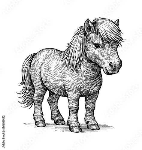 Engraved Illustration of a Pony Standing Still with Detailed Line Art
