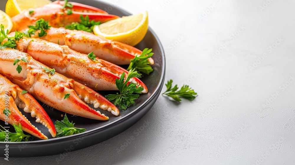 Freshly prepared snow crab legs are arranged on a dark plate with bright lemon wedges and sprigs of parsley, inviting a delightful seafood culinary experience. Freshly prepared snow crab legs are arranged on a dark plate with bright lemon wedges and sprigs of parsley, inviting a delightful seafood culinary experience.