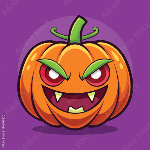 Spooky Pumpkin: A detailed cartoon illustration features a carved pumpkin with an eerie grin and sinister eyes, embodying the spirit of Halloween.