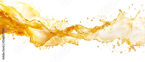 An energetic stream of golden liquid splashes across a dark backdrop, creating a dynamic abstract effect suitable for design elements, transparent background