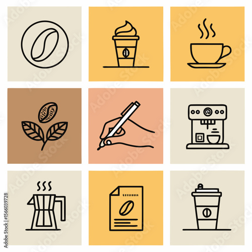 An abstract grid of icons featuring coffee, a coffee maker, and handwriting, styled as line art.