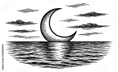 Crescent Moon Reflection on Water with Clouds in Engraved Style Black and White