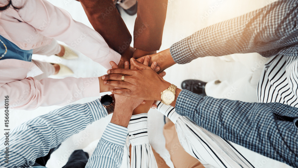 Fototapeta premium Stack of hands, teamwork and business people in office with support, collaboration or unity. Trust, top view and group of corporate employees in huddle for solidarity, motivation or meeting together.