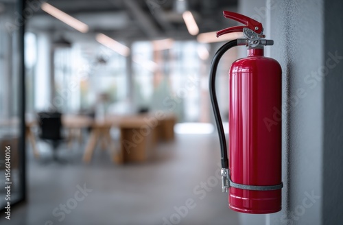 Red fire extinguisher hangs on a wall in a modern office, a symbol of safety and preparedness.