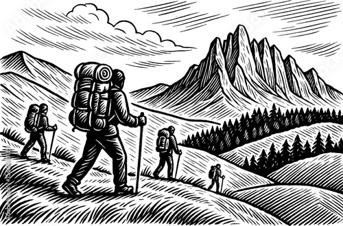 Group of People Hiking in Mountains with Backpacks in Black and White Engraved Style