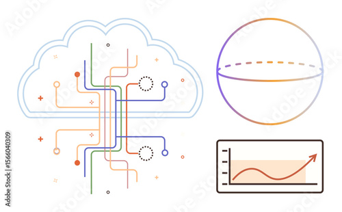 Cloud with interconnected pathways, sphere symbolizing global tech, and increasing data graph. Ideal for technology, analytics, innovation, connectivity, digital transformation, cloud storage