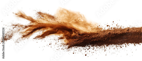 Exploding cocoa powder creates an abstract, dynamic form, showcasing texture, movement, and the fine particles of the aromatic ingredient, transparent background