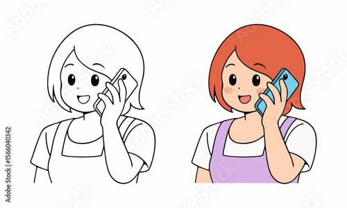 Girl talking on phone coloring page for kids