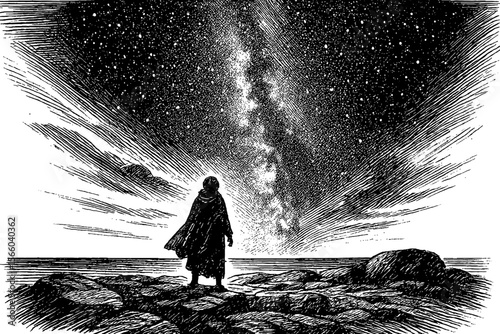 Person in Cloak Staring at Starry Night Sky on Rocky Shoreline in Black and White Engraving Art