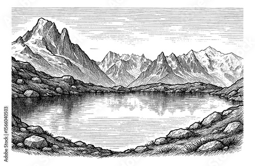 Scenic Mountain Range Reflected in a Calm Lake, Detailed Engraving Style Landscape