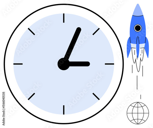 Minimalist clock with blue rocket launching beside stylized globe, symbolizing time, speed, innovation, and global reach. Ideal for productivity, success, technology, startups leadership global