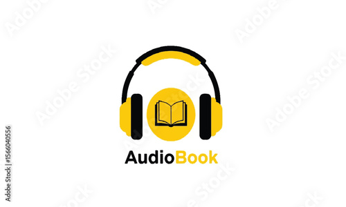 AudioBook concept with headphones and book on yellow circle logo