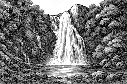 Waterfall Scenery with Trees and Rocks in Black and White Detailed Engraving Art