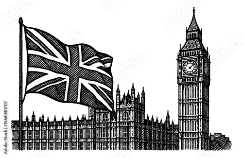 Engraving of British flag, Big Ben Clock Tower and The Palace of Westminster in London