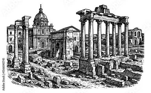 Illustration of ancient Roman Forum with columns and buildings ruins in detailed black and white drawing