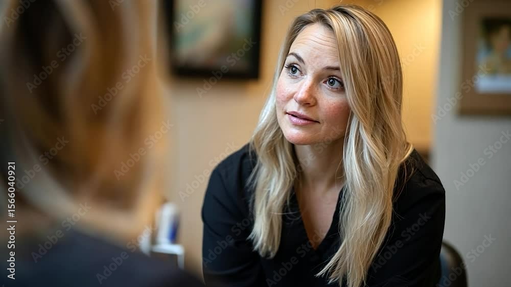 Close-up shot of a blonde woman in a black v-neck top looking up and to the right with a neutral expression in an indoor setting, showcasing a business or interview scenario with soft lighting and