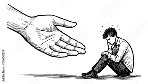 Illustration of a Man in Distress Being Offered Help with Hand Extended in Engraved Style
