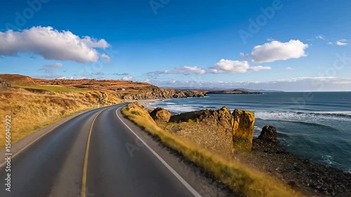 Scenic road leading to the ocean with a clear blue sky. Road stretches towards the horizon with a distant coastline and small waves crashing. Cliffs and green vegetation frame the road on both sides