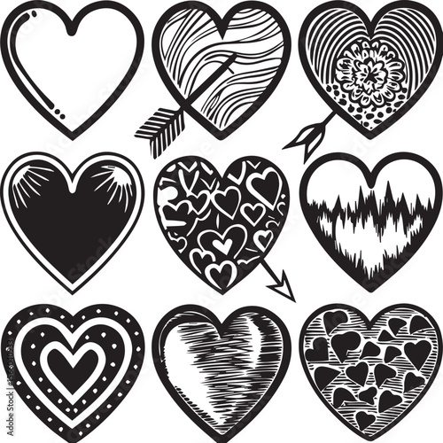 Heart Icons and Shapes – Abstract, Doodle, and Graphic Heart Symbols in Creative Vector Design