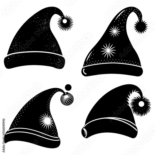 Four black santa hats with different patterns and pom poms on a white background in a vector illustration