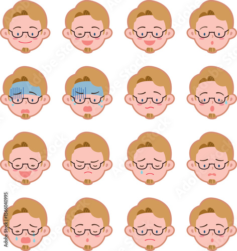 Face icons, So many expressions : An illustration of a man with various facial expressions.