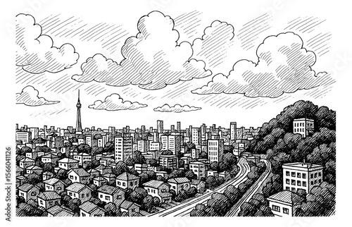 Cityscape Skyline with Buildings, Mountain, Clouds and Tower in Detailed Black and White Drawing