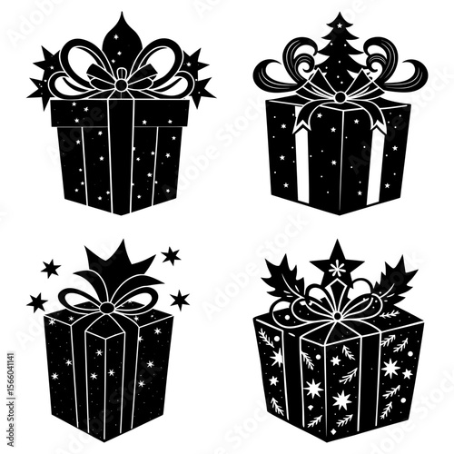 Illustration of four black and white gift boxes decorated with bows, stars and christmas themed toppers