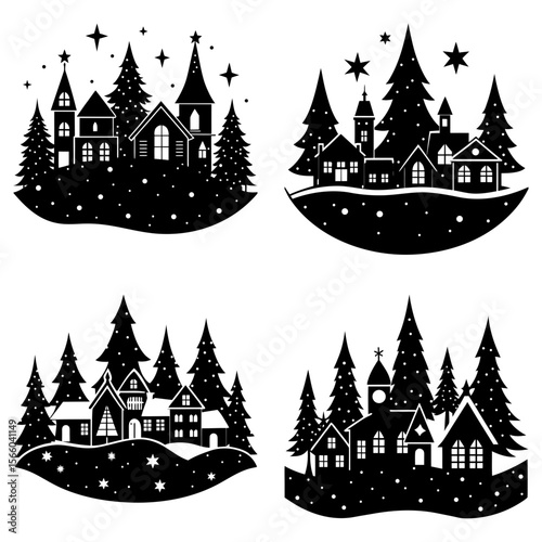 Four winter village scenes with silhouetted houses trees and stars in a monochrome black and white design