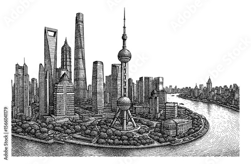 Cityscape Illustration of Shanghai Skyline with Tall Buildings and Oriental Pearl Tower