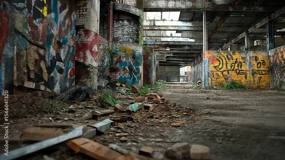 Abandoned industrial building interior featuring crumbling walls adorned with colorful graffiti, debris-strewn floor, and a decaying structural framework, creating a sense of urban decay and neglect