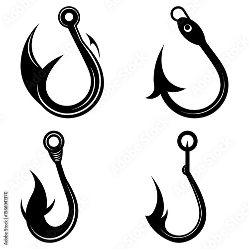 Illustration showcasing four distinct fishing hooks in black and white vector format design style