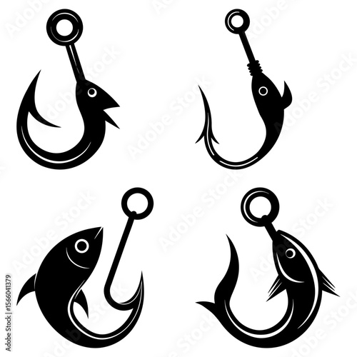 Illustration showcasing four distinct black fishing hook designs with fish and hook combinations present