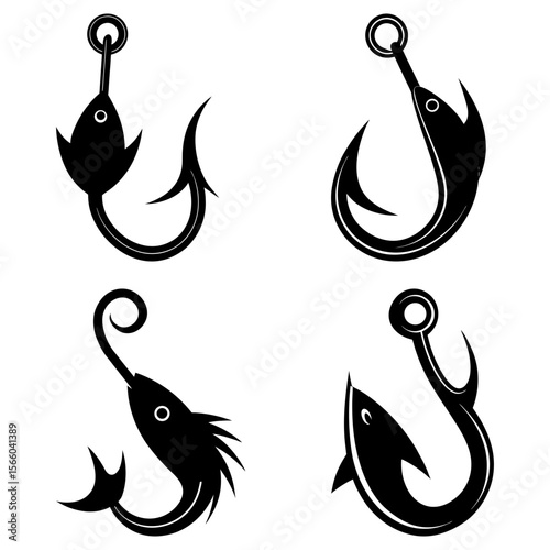 Four stylized black and white illustrations of fish caught on fishing hooks in various orientations