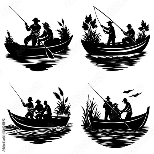 Silhouette illustrations of people fishing from boats surrounded by water and vegetation in black and white