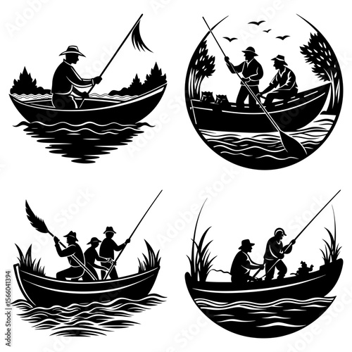 Four black and white circular illustrations of fishermen in boats on water with trees and birds