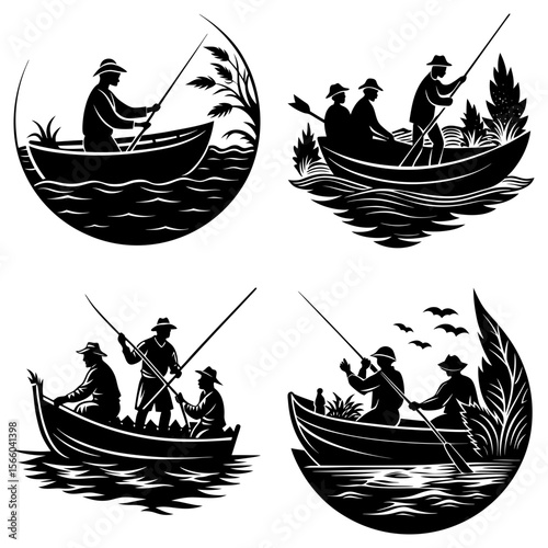 Silhouetted fishermen in boats fishing on water with trees and birds in a circular arrangement