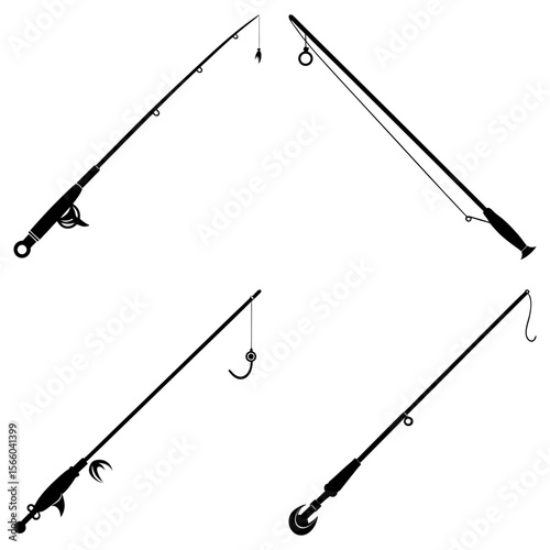Illustration showing four fishing rods with different hooks and reels in a black and white drawing