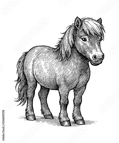 Illustration of a standing pony in black and white detailed engraving style art