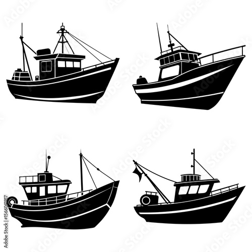 Four black and white silhouette illustrations of fishing boats with different designs and orientations