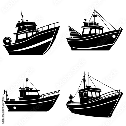 Illustration of four fishing boats in black silhouette with different designs and equipment details shown clearly