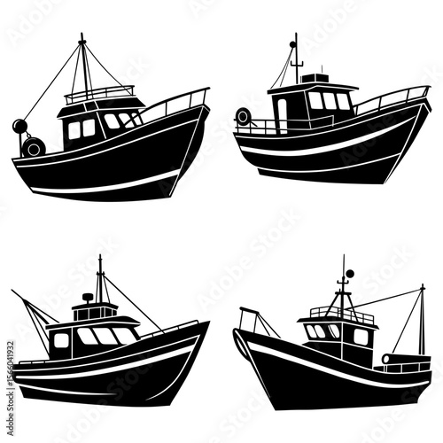 Illustration of four fishing boats with cabins masts and rigging in black silhouette on a white background