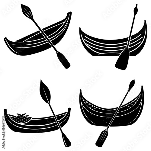 Four black and white illustrations of canoes and paddles in varying orientations and designs shown