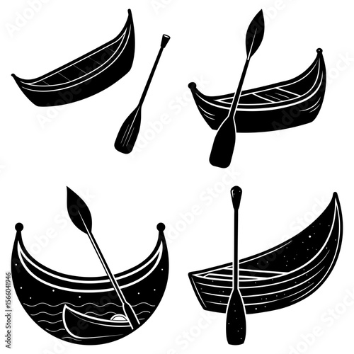 Illustration of four gondolas with paddles in a black and white artistic style drawing design