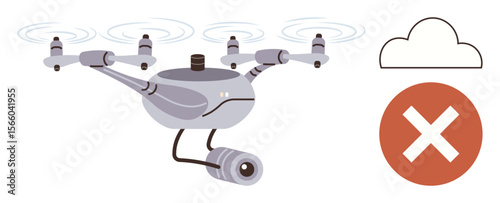 Surveillance drone with attached camera flying near restricted airspace, represented by a cloud icon and a red crossed circle. Ideal for technology, air regulation, safety, surveillance, law