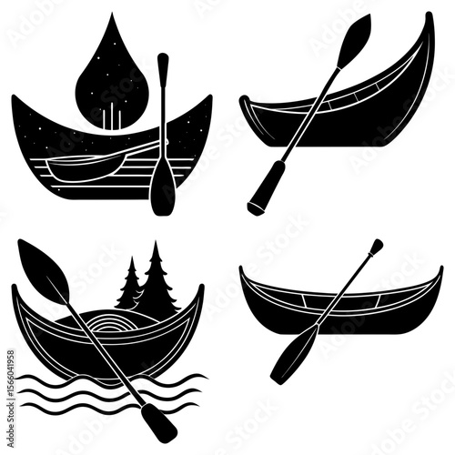 Four canoe scenes featuring various boat designs and paddles in a simple black and white style